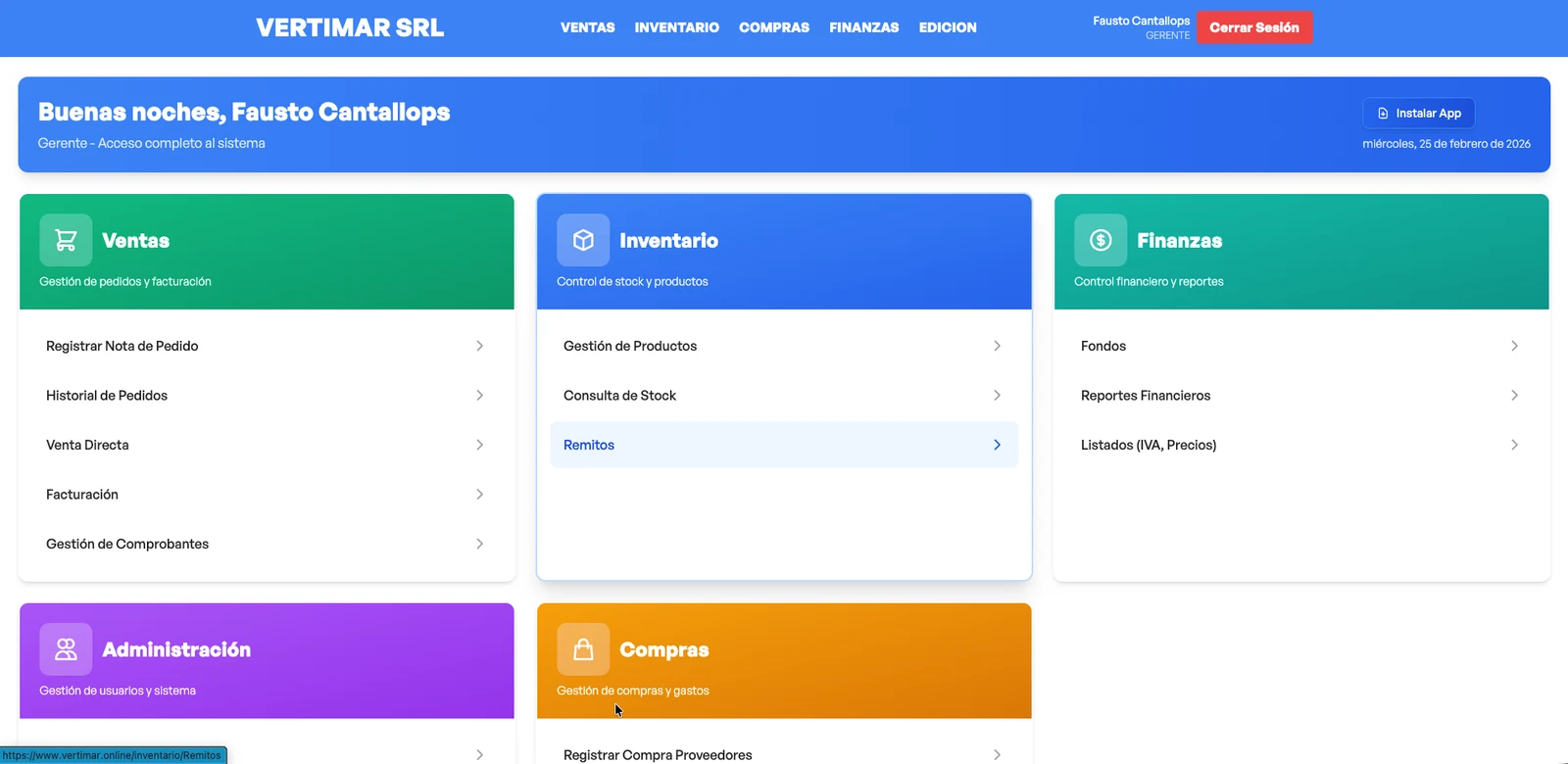Panel del ERP para distribuidora